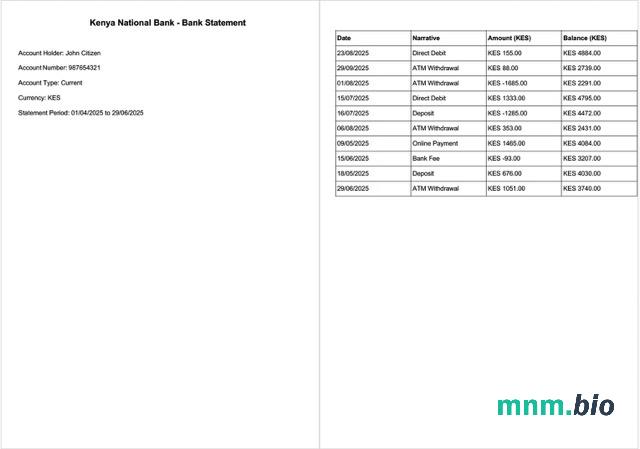 Kenya NCBA Bank E-wyciąg z konta Word i szablon PDF